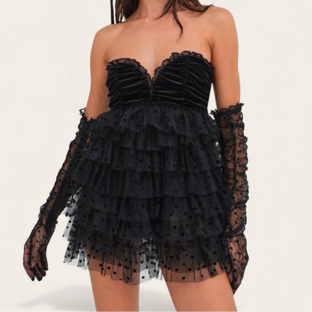 For Love And Lemons Jourdan Black Ruffle Polka Dot Mini Dress/Bodysuit w Gloves - Picture 11 of 11